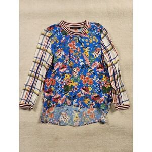 Zara Woman Long Sleeve Floral Blouse Size Medium High Low Plaid Sleeves